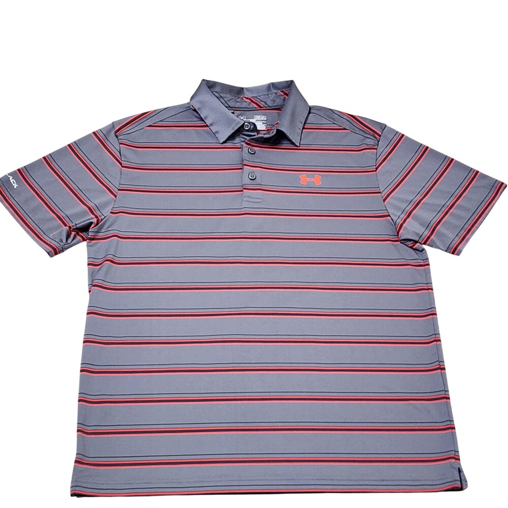 Under Armour Polo Shirt Mens Medium Gray Stripe HeatGear Golf Short Sleeve